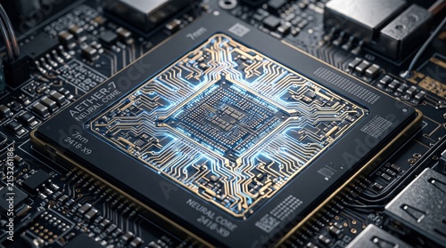 Obraz na płótnie microchip processor cpu chip motherboard hardware neural core processor semiconductor chip advanced microchip computer processor silicon chip electronic component pcb motherboard