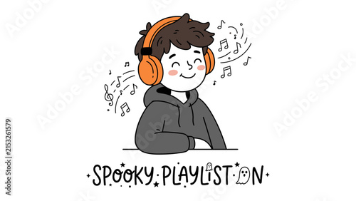 Boy Listening to Spooky Playlist: A happy young boy with headphones enjoys a Spooky Playlist with musical notes floating around him, conveying a sense of fun and anticipation.