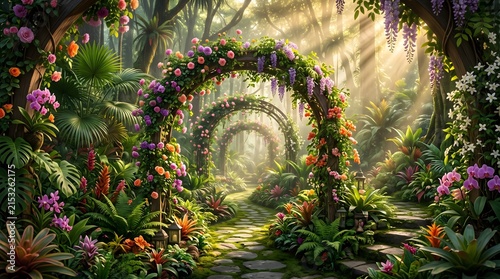 Fairytale Garden, Secret Tropics, A beautiful secret fairytale garden with flower arches and beautiful tropical forest with colorful vegetation