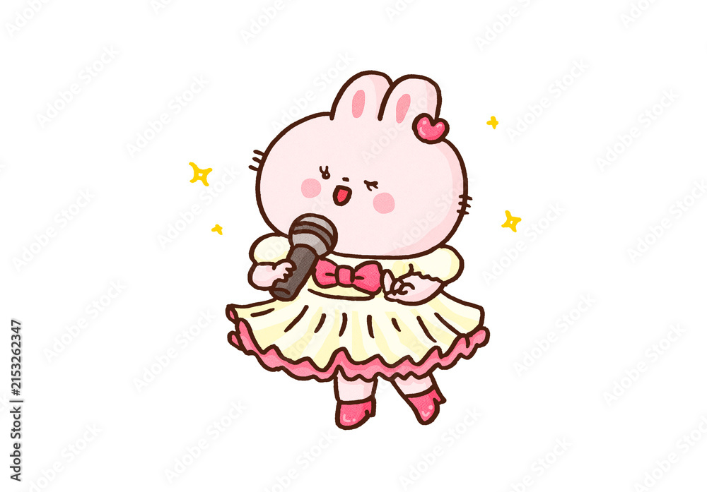 Fototapeta premium Rabbit idol in a frilly dress singing with a microphone, entertainment stage or cute singer concept