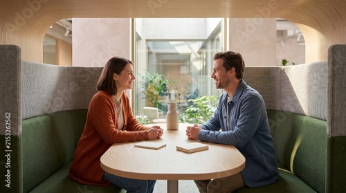Colleagues meet in an acoustically furnished office booth