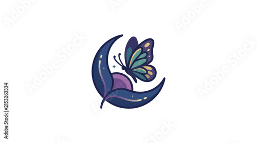 Stylized butterfly perched on a celestial crescent moon