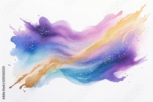 Watercolor splash resembling galaxy with gradient tones of purple, blue, and gold shimmer