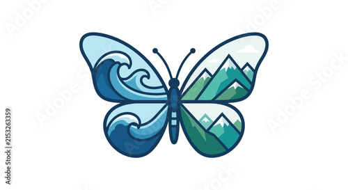 Butterfly silhouette featuring ocean waves and mountain peaks