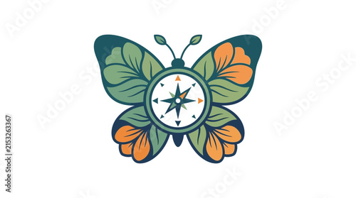 Butterfly with compass rose center and botanical wings