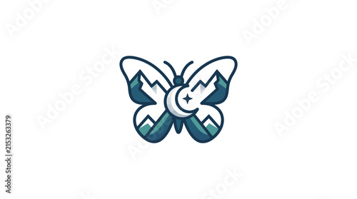 Symmetrical butterfly silhouette with mountain and moon landscape
