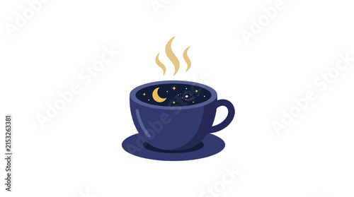 Steaming coffee cup filled with starry night sky and moon