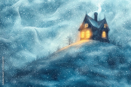 Lonely house stands on a hill under swirling snow at night