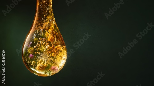 Photorealistic Macro Honey Drop with Botanical Flowers, Pollen and Natural Plant Origins on Deep Green Background