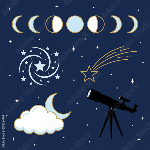 A flat vector illustration depicts a telescope, moon phases, and stars on a dark.