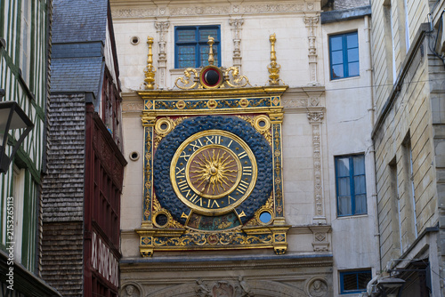 Looking up to Gros-Horloge medieval clock at the old town of French city of Rouen on a sunny summer day. Photo taken July 13th, 2026, Rouen, Normandie, France.
