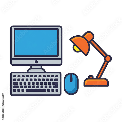 A flat vector illustration shows a computer monitor, keyboard, mouse, and desk lamp.