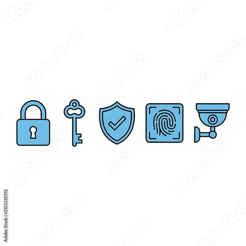 Set of blue security icons including padlock, key, shield, fingerprint scanner and cctv.