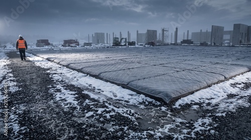 Concrete foundation rests under winter curing blankets