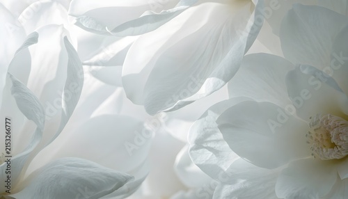 Macro close up of soft white flowers bloom with delicate petals in bright sunlight, pure elegant floral background backdrop graphic design asset for wedding presentation template, Generative AI