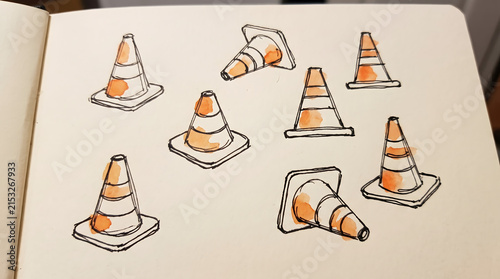Hand Drawn Sketch Illustration Featuring Multiple Orange Traffic Safety Cones