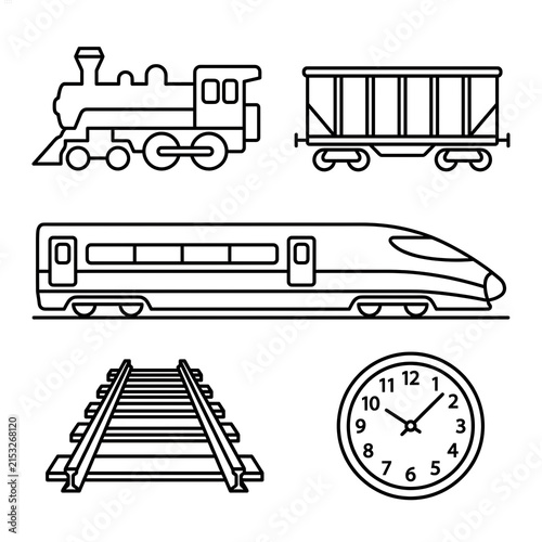 A collection of black and white line art illustrations depicting various transportation.