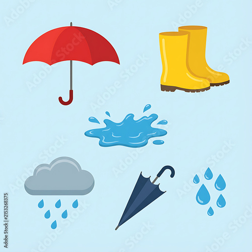 A colorful illustration of rain gear and weather symbols on a light background.