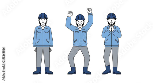 A female worker in a blue uniform and hard hat wearing work clothes in three poses representing construction success service and politeness
