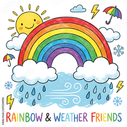 A cheerful cartoon depicts a smiling sun, rainbow, clouds, rain, and weather icons.