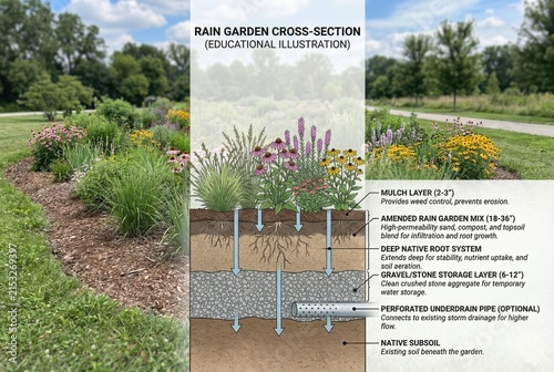 Fotografie Rain garden cross section diagram showing soil layers and water infiltration
