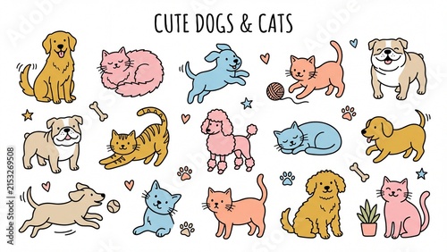 Cute hand-drawn doodle dogs and cats in various playful poses a charming collection for childrens designs pet care and animal-themed projects