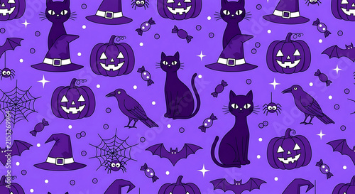 Seamless Halloween pattern featuring a black cat jack o lantern pumpkins and a witch hat on a vibrant purple background with bats and spiders