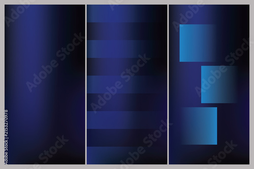 Vector illustration featuring a set of three abstract dark blue gradient banners or backgrounds with horizontal stripe and glowing square design elements.