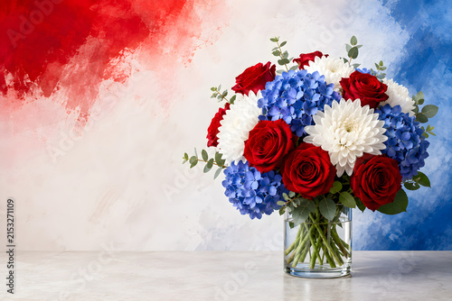 Patriotic floral bouquet in glass vase, red white and blue flowers, Fourth of July centerpiece