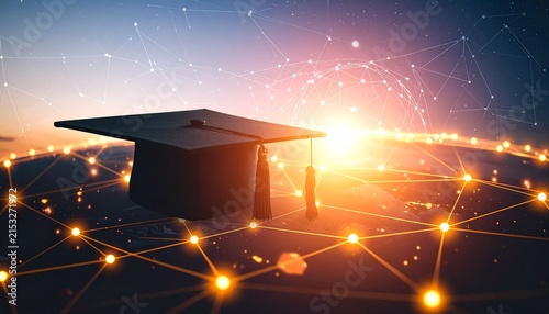 Digital graduation glows with radiant clarity, radiating resilience, learning, and connectivity; a vivid emblem of education, technology, and transformation within modern knowledge.