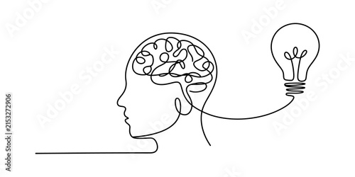 Foto Human head with brain and light bulb drawn in a single continuous line art style