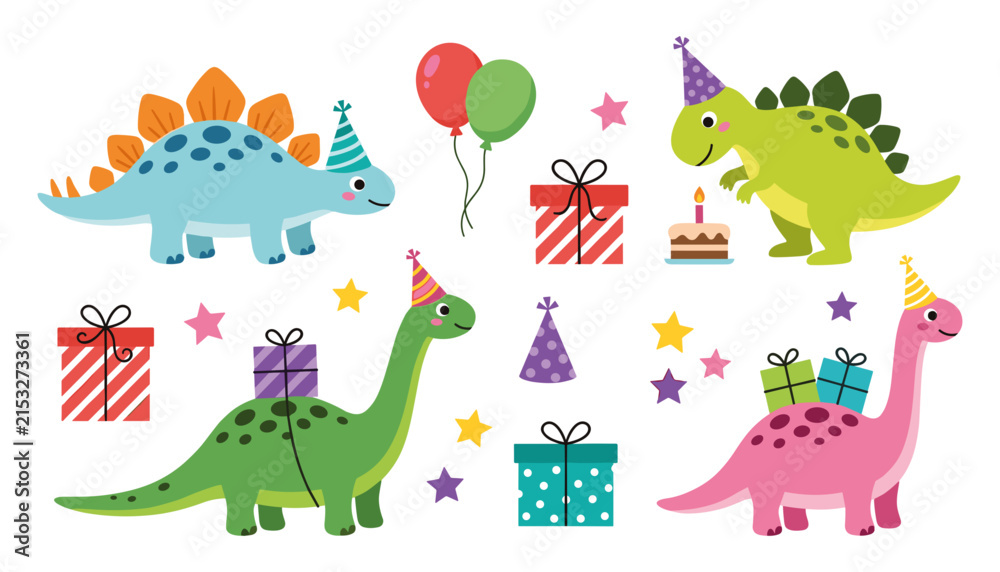 Obraz premium Cute Birthday Dinosaur Vector Cartoon Character Clipart Set Featuring Happy Dino Friends with Party Hats Balloons Cake Gift Boxes and Colorful Stars for Kids Invitation Designs