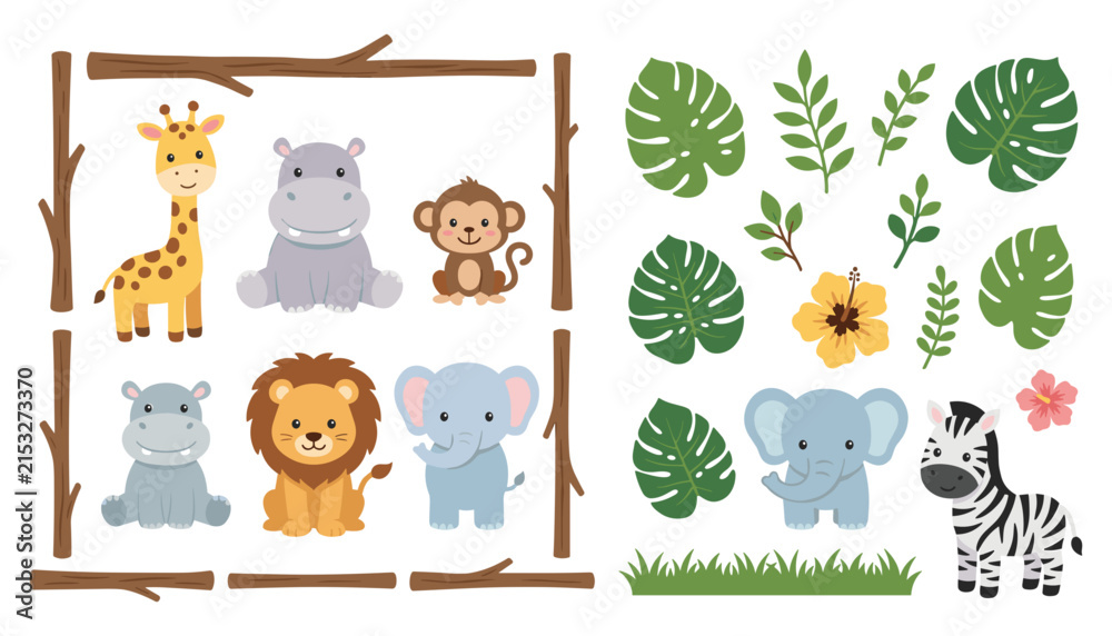 Naklejka premium Cute Safari Animals Vector Clipart Set Featuring Lion Giraffe Elephant Hippo Monkey Zebra Tropical Monstera Palm Leaves Wood Sticks and Hibiscus Flower Elements