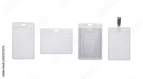 Four clear plastic badge holders for identity cards as clean cutout