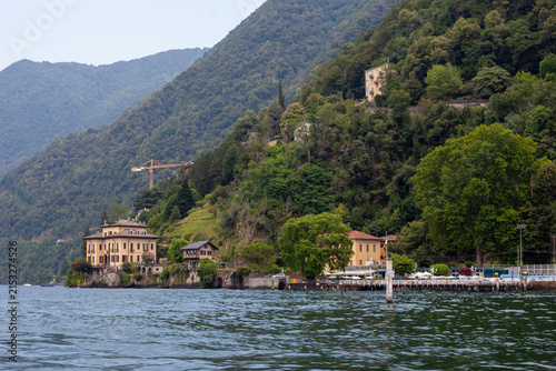 Photography Historic Villa Geno on Lake Como Shoreline with Lush Mountain Background Italy