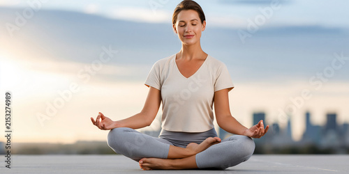 Young woman practicing yoga seated in a cross-legged position on a rooftop at sunrise with a city skyline visible in the background