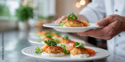 Cook arranging identical portions of food on white plates with garnishes, showcasing a clean kitchen environment and multiple dishes in a straight line