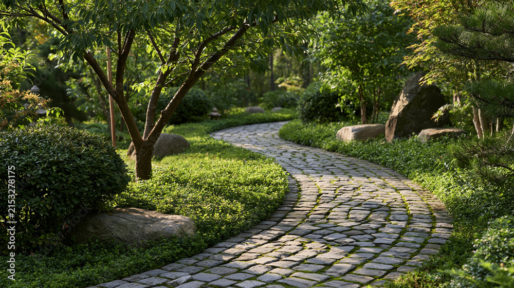 Obraz premium A serene winding stone path meanders through a lush green garden. Perfect for landscaping design and peaceful nature.