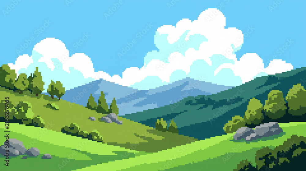 Naklejka premium Pixel art green mountain valley with hills and large white clouds