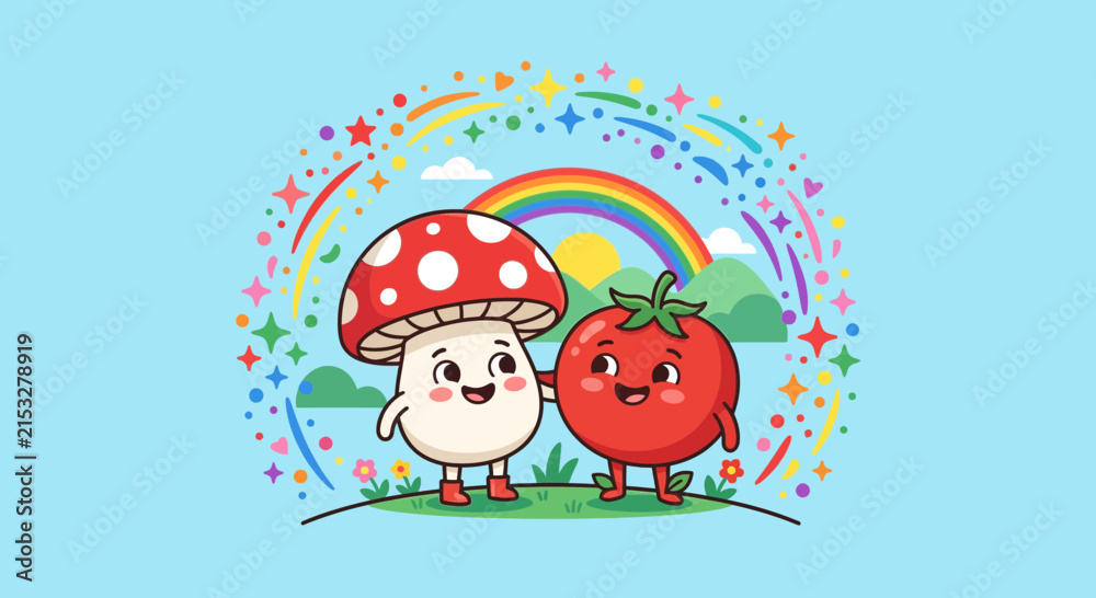 Fototapeta premium Cute mushroom and tomato characters embracing with rainbow and stars