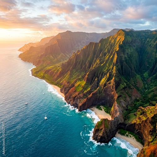 Dramatic Na Pali Coastline Kauai Emerald Cliffs Turquoise Ocean Sunset