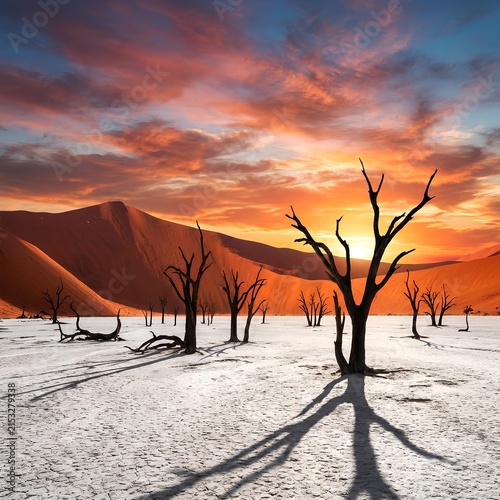 Dramatic Sunset Over Dead Trees in Namib Desert Namibia