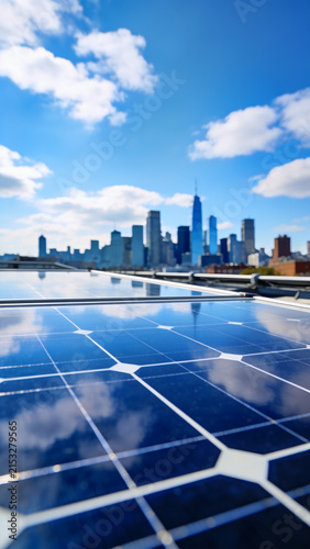 Rooftop solar panel array reflecting clouds with blurred urban city buildings in background.