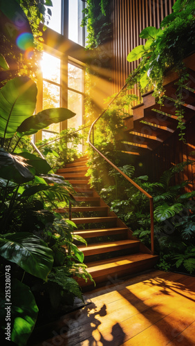 Biophilic interior design with wooden staircase surrounded by lush green tropical plants.