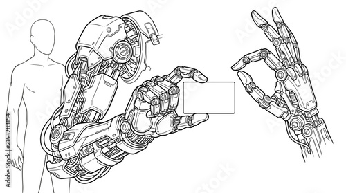 Detailed line art vector illustration of a robotic arm holding a blank card, with a second robotic hand making an ok gesture, isolated on white.