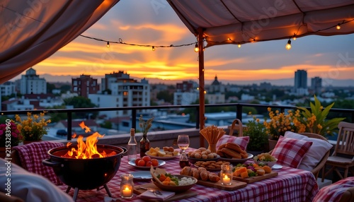 cozy rooftop tent under a sunset sky, bbq grill with glowing charcoal, picnic table filled with delicious grilled food, warm lanterns and fairy lights, city buildings in the background