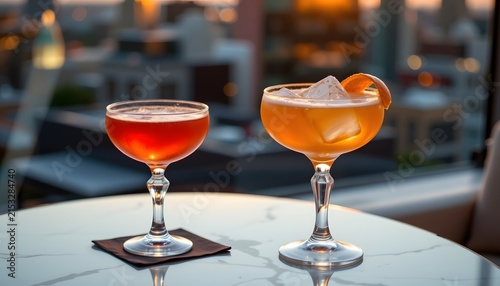 classic cocktail with rooftop sunset view, crystal glass filled with amber cocktail and large ice cube, orange peel garnish, elegant table setting, blurred city skyline, warm cinematic light