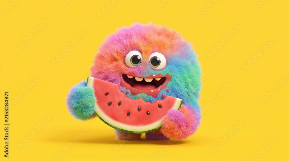 Obraz premium Funny fluffy rainbow monster eating a slice of fresh watermelon. Cute colorful alien creature with soft fur. Joyful summer character design for children book or holiday greeting card.