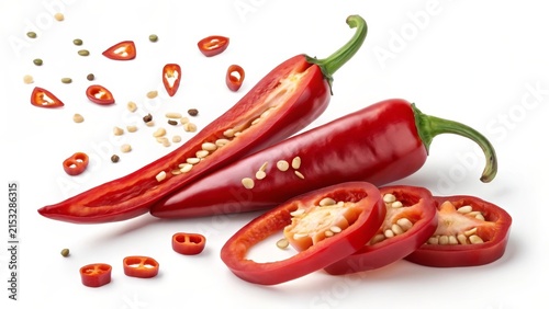 Fresh red chilli peppers with cross sections and seeds scattered on a clean surface