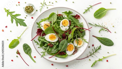 Fresh salad with egg, lettuce, arugula, and chard served on a white plate with colorful garnishes